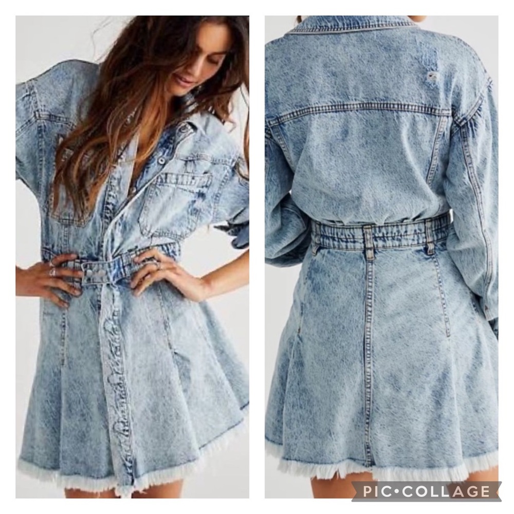 NWT Free People We The Free Chain Of Command Acid Wash Distressed Denim Dress